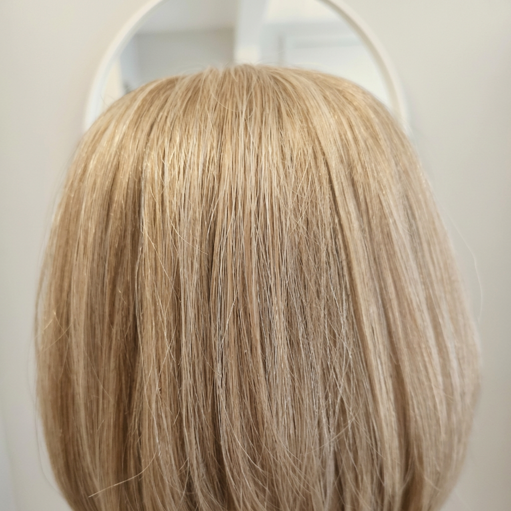 Close-up of a light blonde Enhanced Hair Studio wig, cut and styled in the studio