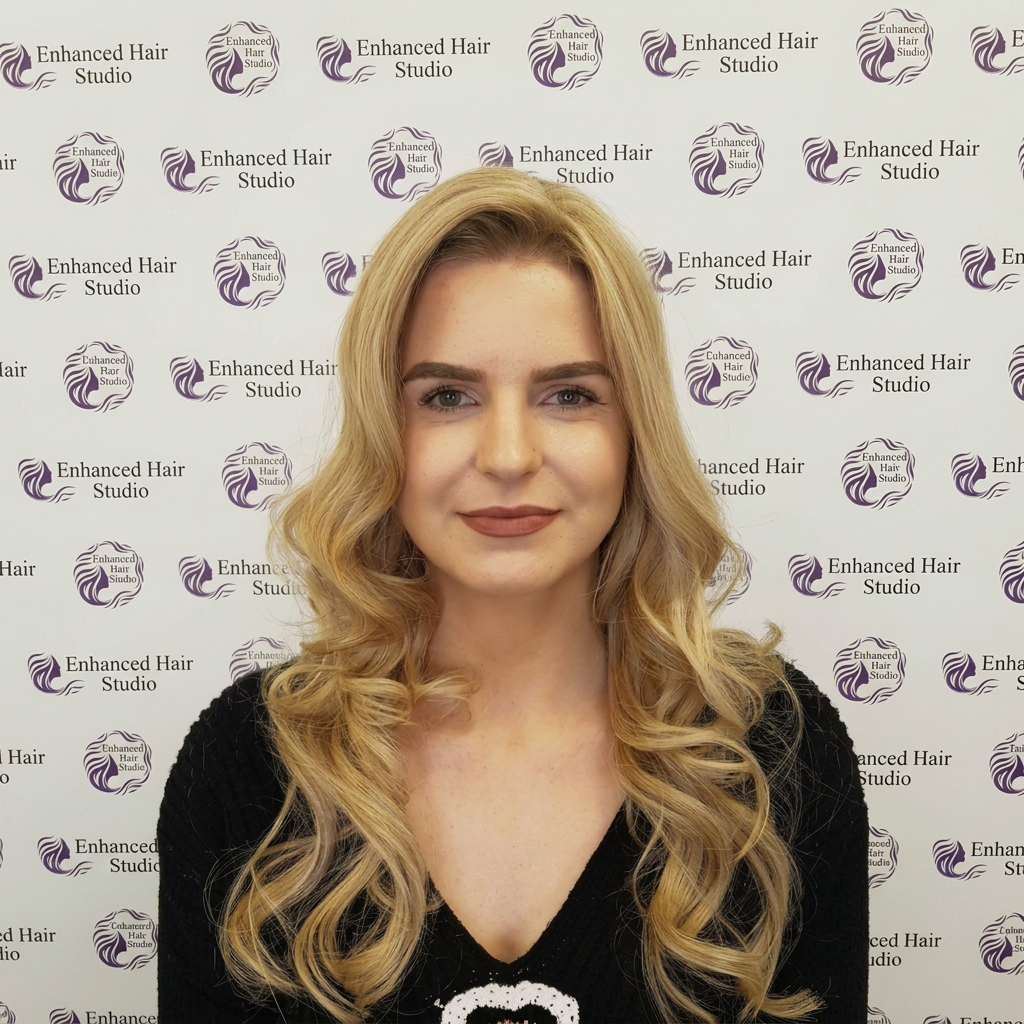 A client with long, wavy blonde hair wearing an Enhanced Hair Studio topper